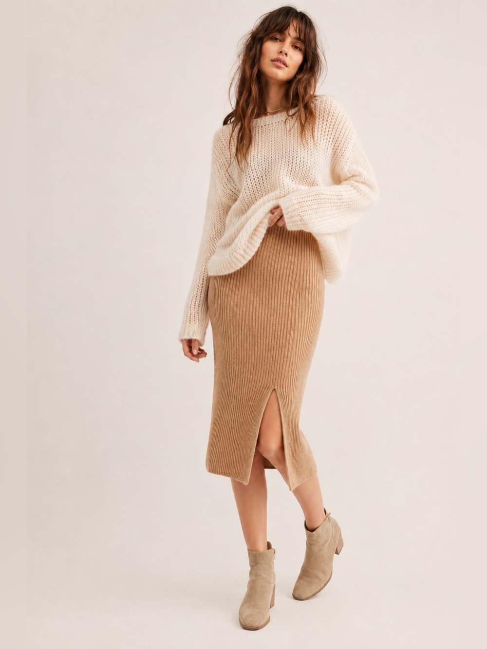 Free People Skyline Camel Ribbed Knit Midi Pencil Skirt Front Slit Size S